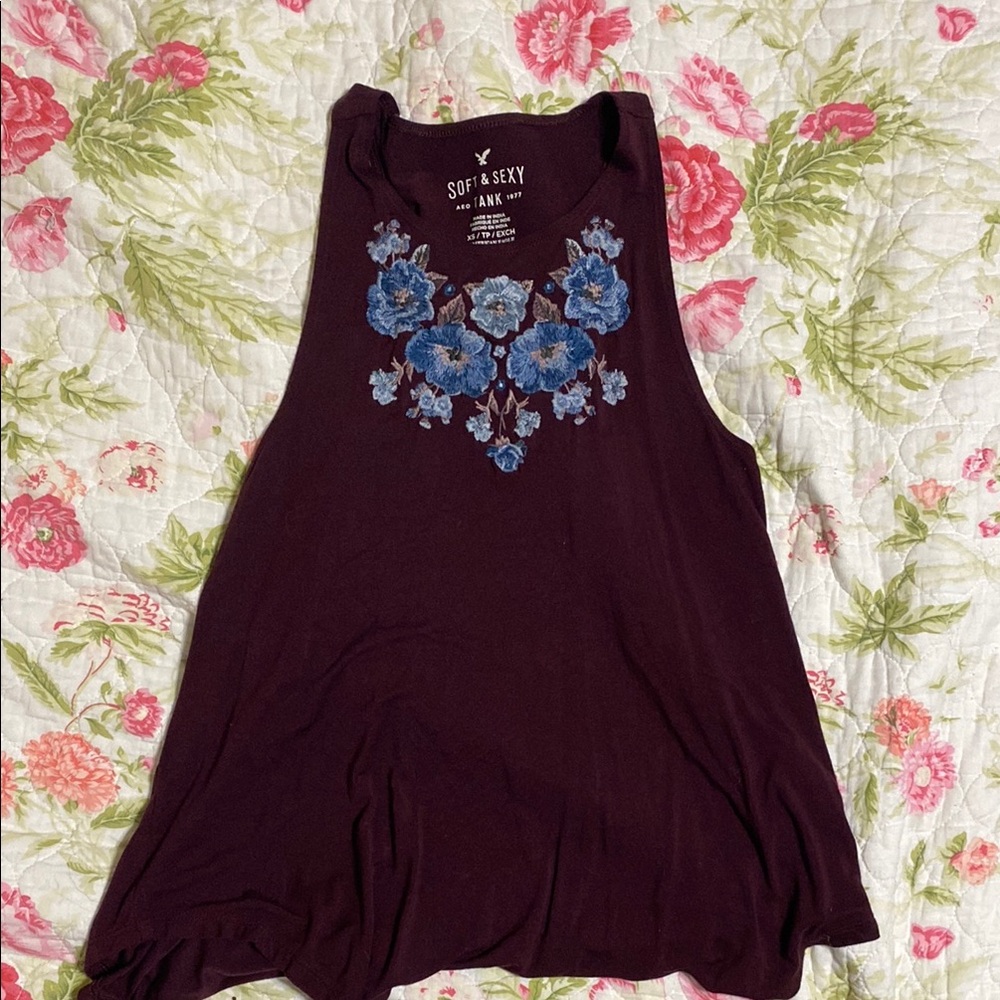 American Eagle Outfitters Dark Purple Tank with Blue Floral Design